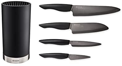 Kyocera KB-RD BK 4KN ZK EU Set de couteaux en céramique avec couteau à éplucher, couteau universel, couteau Santoku et bloc rond pour 8 couteaux, lame en céramique de zircone noire
