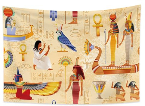 YONGFOTO 150x100cm Tapisserie Égypte Antique, Tapisseries Motif Égyptien Oiseau Bleu Motif Hiéroglyphique Bateau En Tapisserie Murale Pour Salon Dortoir Décoration Canapé Couvre-Lit Tapis Couverture