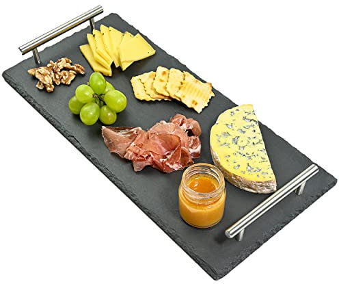 Praknu Vassoio in Ardesia con Manici - 40x20 cm - Ideale per Servire - Pietra Naturale - Antiscivolo