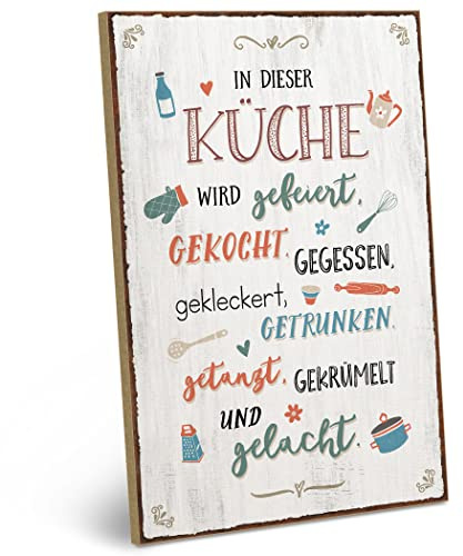 ARTFAVES® Wandbild Holzschild mit Spruch - In dieser Küche wird gefeiert - Türschild Retro Vintage Deko Bild Geschenk - Küchendeko