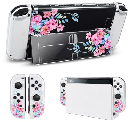 DLseego Schutzhülle Kompatibel mit Switch OLED, Switch OLED Zubehör Dockbare Klare PC-Abdeckung, mit Stoßdämpfung und Anti-Kratz-Design,Pfirsichblüte