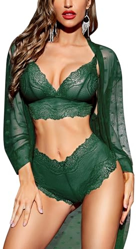 RSLOVE Sexy Lingerie pour Femmes Ensemble de Lingerie en Dentelle avec Peignoir en Ensemble 3 pièces Vêtements de Nuit Vert M
