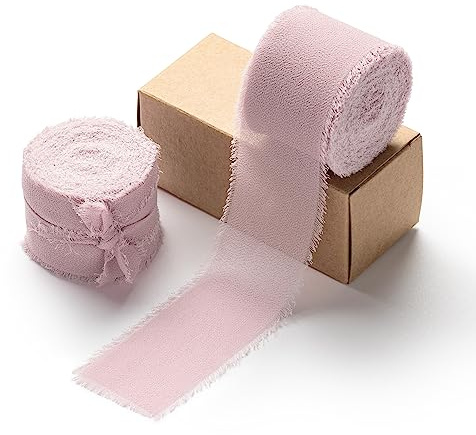 AOKSUNOVA Chiffonband 3,8cm Schleifenband Geschenkband Rosa Altrosa | 2 Rollen Breites Band mit Fransenstruktur als Stoffband für Hochzeit, Einladungen, Sträuße und Kreative Dekorationen
