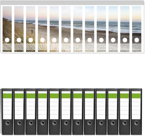 Wallario 12 Stück breite Ordner inkl. Klebeetiketten mit Motiv Strandspaziergang im Urlaub an der Ostsee - Set mit Rückenschildern/Ordnerrücken Stickern