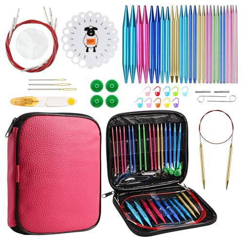 JOZEA 57pcs Auswechselbare Rundstricknadelspitzen Set mit ergonomischen Griffen, austauschbar Häkelnadel,2,25-10,00mm