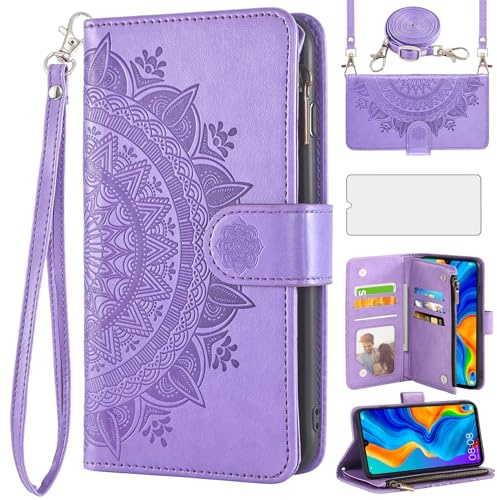 Asuwish Handyhülle für Huawei P30 Lite Hülle mit Band und Folie Schutzfolie Kartenfach Klappbar Leder Blumen Geldbörse Ständer HuweiP30Lite Hawaii P 30 Nova 4E MAR-LX1A MAR-LX1B Handy Hüllen Case Lila