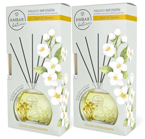 Ambar Botanic Ambientador Mikado Infusión Jazmín Blanco con aceites esenciales y hierbas naturales. 0% Alcohol, El embalaje puede variar, 2x75 ml