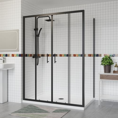 Aquariss 1400x700mm Sliding Shower Enclosure with Side Panel Black | Double Sliding Door, Aluminum Profile, 6mm Tempered Glass, Easy Clean, Stainless Steel Handle, Wall Adjustable, Reversible