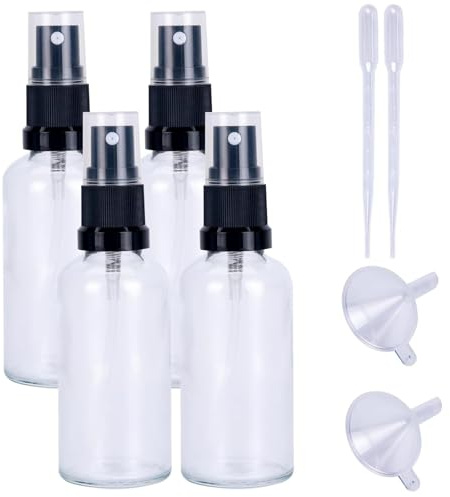 Sewokon 4 pcs Glass Spray Bottle, 50ml, Transparent, Refillable, Travel & Toiletries
