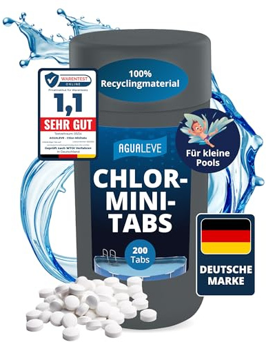 AGUALEVE® Chlor-Minitabs 200 Stück schnelllöslich *NEU* | Sichere Desinfektion | Speziell für kleinere Pools, Aufstellpools, Whirlpools, Planschbecken | Deutsche Markenqualität | mit Note 1,1 getestet