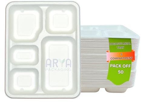 Arya PACKAGING 50 Stück große Einwegteller mit Fächern, 27,9 cm, 5 Fächer, Zuckerrohr-Bagasse-Papiertabletts, geteilte Teller für heiße Speisen, Portionskontrollteller (50 Stück)