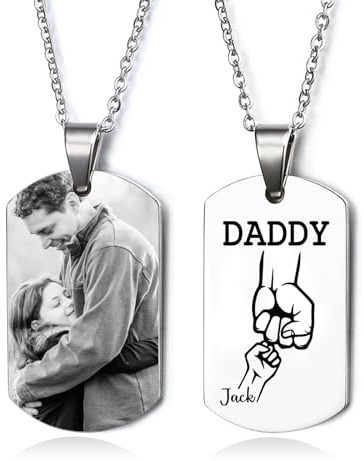 Amsgedhie Personalisierte Halskette Papa mit Foto, Herren Kette mit Namen Fist Bump Dog Tag Anhänger Edelstahl, Vatertagsgeschenk für Papa oder Opa von Tochter oder Sohn
