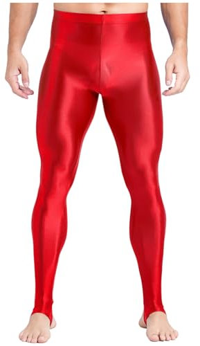 Jhaoyu Leggings de estribo de cintura alta para hombre, brillantes y sexys, con estribo, pantalones de entrenamiento para yoga, danza, ballet, patinaje, rojo, L