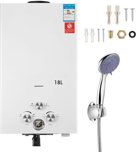 Gas Durchlauferhitzer 18Liter Outdoor Tragbarer Gas-Wassererhitzer Propan-Durchlauferhitzer mit Digitalanzeige, mit Galvanisierter Duschkopf, Mehrfachschutz für Campingausflüge Bootshaus (18L 36KW)
