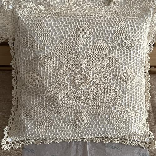MINDPLUS Cotton Hand Crochet Lace Throw Pillow Cushion Cover Decorative Handcraft Pillowcase 15.7 x15.7 inch Floral Pattern Vintage Rural Style (A Beige)