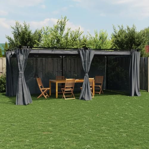 Keyroto Pergolato da Giardino Resistente Gazebo Esterno con Tende in Acciaio Antracite 6x3 m