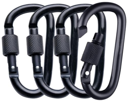 4Pack Aluminum Alloy Carabiner Heavy Duty D Ring Clip Hook Locking Carabiner D Shape Keychain Camping Accessories for Outdoor, Fishing, Hiking, Traveling, Fishing, Backpack （Black)