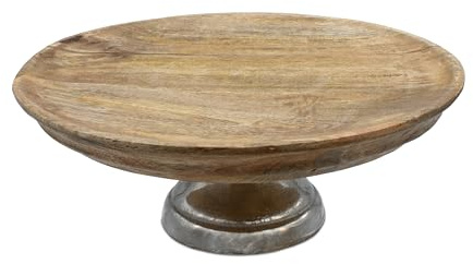 Spetebo Mango Deko Teller mit Fuß aus Aluminium - Ø 30 cm - Holz Servierständer mit Metall Standfuß - Etagenständer Tortenplatte Obstteller Servierplatte