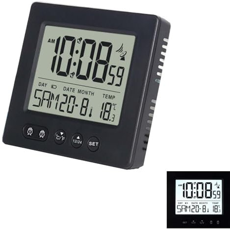 Sveglia digitale radiocomandata con termometro, calendario, luce, temperatura, settimana, visualizzazione data, due ore di sveglia indipendenti, regolazione automatica dell'ora estiva/invernale