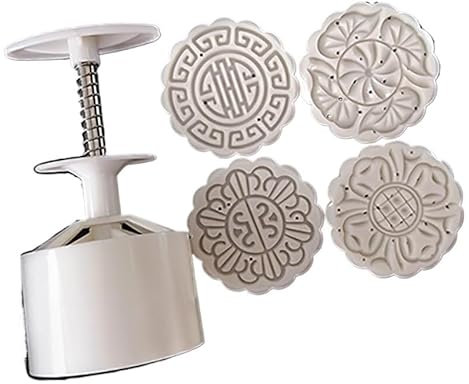 Hand Pressure Moon Cake Mould, Press Set,Cake Maker 4 Pcs Cookie Stamps for Baking DIY Cake Cookie Biscuit Dessert Mooncake Mould,50g/100g(E,100g)
