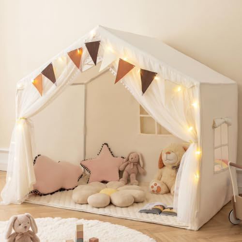 INFANS Kids Play Tent, Large Size Playhouse with Washable Cotton Mat Star Light Windows Plaid Pennants, 146 x 96.5 x 133cm, Indoor Outdoor Princess Tents Castle for Toddlers Age 3+ Years Old (White)