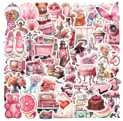 60 Pcs Cute Pink Stickers, Vinyl Stickers, Kawaii Stickers, Retro Girls Stickers, Suitcase Stickers, Waterproof Vintage Stickers, Laptop Stickers, for Scrapbook, Computer, Luggage, Laptop