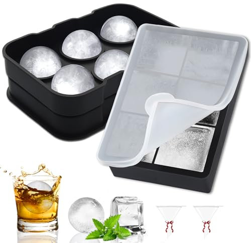 Gucass 2 Pezzi Ghiaccio Stampo 6 Scomparti 5CM, Cubetti Ghiaccio Silicone Grande con Coperchio, Quadrato e Sferico Stampi per Ghiaccio, Senza BPA, per Whisky Cocktail Succo e Alimenti per Bambini