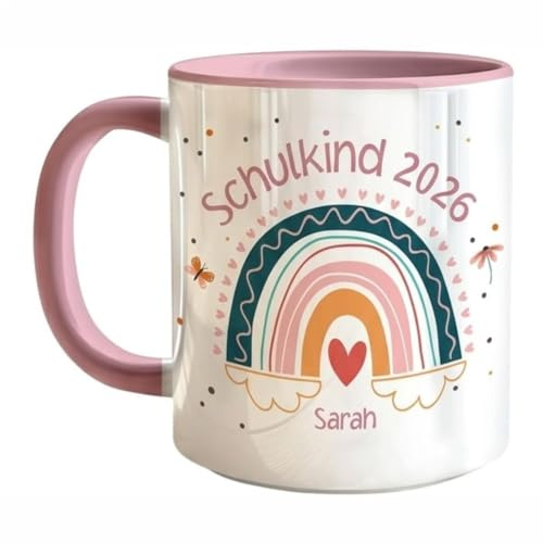 Tasse Schulkind 2026 mit Namen für Mädchen Personalisiert Einschulung Regenbogen Geschenk für Erstklässler Schule Grundschule Geschenkidee Schulbeginn 2026 - Rosa