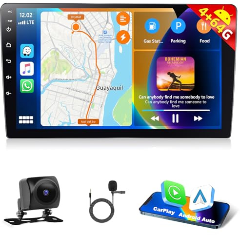 Motorsi 4GB+64GB Autoradio con CarPlay Android Auto, 10 2 DIN Bluetooth Car Stereo, GPS Navigazione, WiFi, FM, Split Screen, Mirror Link, Ricevitore Multimediale Digitale+Telecamera Posteriore