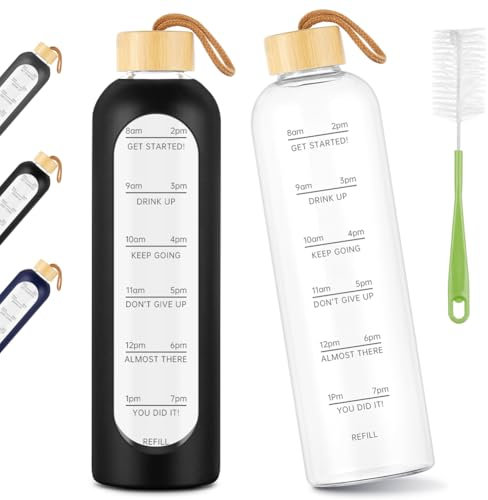 AOOWU Glass Water Bottle with Time Marker, 1000ml Leak-proof Sports Glass Water Bottle with Bamboo Lid, Sports Drinking Bottle, Reusable Silicone Case Glass Drinking Bottle, Motivational Water Bottle