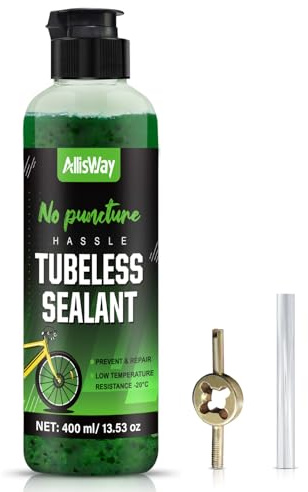 AllisWay Liquide Préventif Tubeless, Préventif Tubeless VTT, Liquide Anti Crevaison Velo pour VTT et Vélos de Route, Prévention et Réparation, Résistance à Basse Température -20°C, Vert, 400 ML