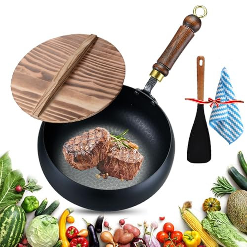 Vgpbphj Japanese Iron Pan, Uncoated Cast Iron Frying Pan with Wooden Lid, Hand-Forged Cast Non Stick Pot, for High-Heat Frying, Multiple Uses Big Belly Pot for Stoves, Induction Hobs (with lid, 24cm)