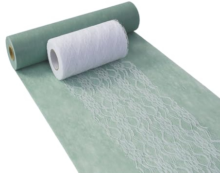 Tischdeko-Set - Vlies Tischläufer Grün - Modern, Outdoor, Tischdeko, Partydeko für Geburtstag - Eukalyptus Grün & Weiß (Tischläufer 30 cm × 25 m, Spitzenband 15 cm × 20 m)