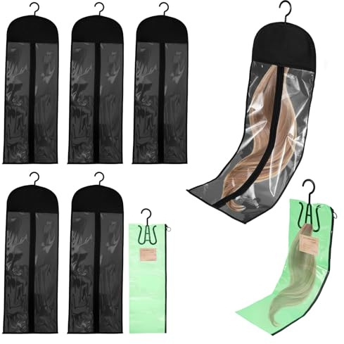 8 Stück Perücken Aufbewahrung,Vlies Aufbewahrungstasche mit Haken für Lange Perücken,Staubdicht Transparent Aufbewahrungstasche für lange Haarverlängerungen,Platz sparen(8pcs)