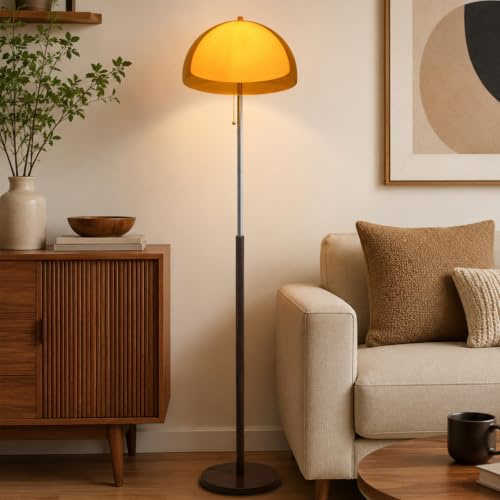 KlkrzJwy Orangefarbene Pilz-Stehlampe 153 CM, Mid-Century Modern | Zweischichtiger Acryl-Kugellampenschirm, E27, 3 Farbtemperaturen, Metallstange In Holzoptik Für Wohn-, Schlafzimmer Und Büro
