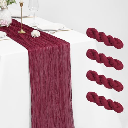 Pesonlook 4 Stück Burgund Käsetuch Tischläufer 55 x 300 cm, 3 m lang | Rustikaler Gaze Stoff Tischläufer Hochzeitstuch Boho-Stil halbtransparent Tischläufer für Hochzeiten, Bankett, Party