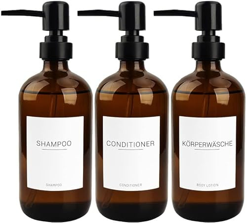 Esdallina 3er-Set Braunglas 500ml Seifenspender mit 22 weißen Etiketten Badezimmer-Flüssigkeitsbehälter mit schwarzer Pumpe