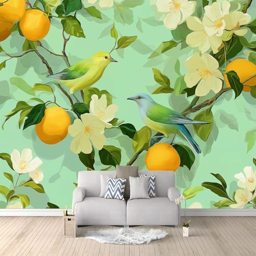 Generico Murales da Parete 3D Stile Retrò Arte, Piante Fiori Uccelli Frutta Carta da Parati Fotografica di Alta Qualità per Soggiorno e Camere da Letto 400 x 280 cm