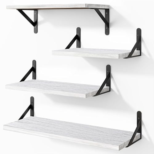 Qaxinmi Floating Wall Shelves Set of 4, White Wooden Shelves with Brackets, Different Sizes Wall Mounted Storage Shelf for Living Room, Bathroom, Bedroom, Kitchen