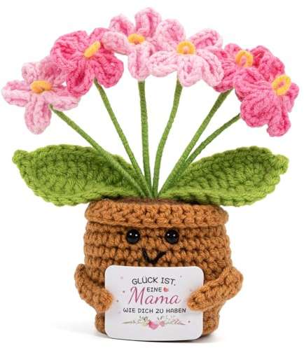 Vinuwu Geschenke für Mama, Handgefertigtes Häkelblume mit Karte, Geschenk & Glücksbringer für Mutter Geburtstag Muttertag Weihnachten, Lustige Personalisierte Kleine Geschenke Frauen