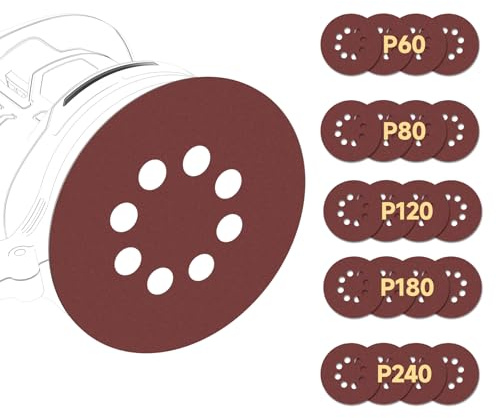 20PCS 5 Inch Sanding Discs, 8 Hole Hook and Loop Sandpaper 60 80 120 180 240 Grit Set, Round Orbital Sand Paper Discs for Sander(Sander not Included)