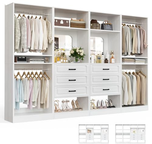Unikito Closet System with Drawers, 100” Wood Closet Organizer with Hanging Rods and Mirror, Large Walk in Wardrobe Garment Rack with Adjustable Shelves, Sturdy Freestanding Closet Tower, White