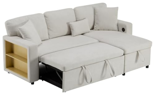 SHAIRMB Ecksofa Mit USB-Anschluss An Der Armlehne, Ausziehbares L-Sofa Mit Bettkasten, Ausziehbares Tagesbett Mit Integrierten Rollen, FüR Wohnzimmer Und Schlafzimmer,Beige