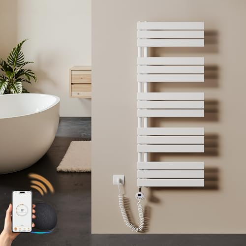 S'AFIELINA scaldasalviette Elettrico Bagno 1320×500mm Bianco, 800 W termoarredo Elettrico Bagno con WiFi e termostato, Timer 7×24 h, Protezione antigelo, LCD, Tubi Piatti Design scaldasalviette