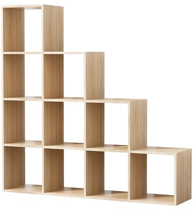 Garvishk Garvis Würfelregal 10 Fächer – Treppen-Design (130x130x29 cm) – MDF Raumteiler – Offenes Standregal für Bücher & Deko (Sonoma-Eiche)