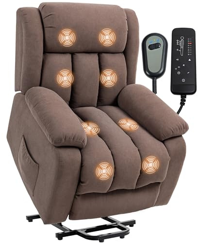 HOMCOM Power Lift Recliner Chair with Massage, Linen Overstuffed Lift Chair for Elderly, Electric Recliner Armchair with Footrest, Remote Control and Side Pocket, for Living Room, Dark Brown