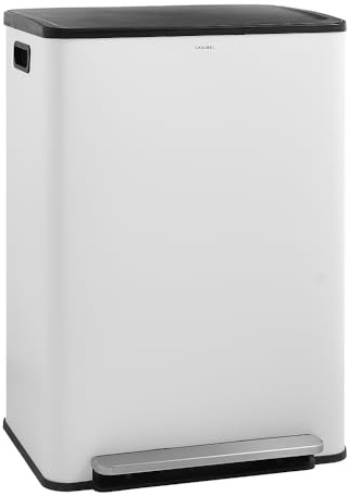 CASABEL Poubelle Tri Selectif 60L – Poubelle 2x30L avec Pédale, Acier INOX BLANC antitraces, Double Compartiments, Poubelle Cuisine, Bacs Amovibles, Poignées, Couvercles Silencieux, Anti Odeurs