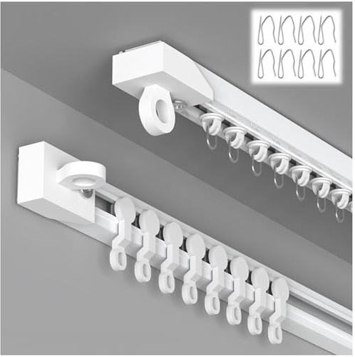 Selbstklebende Vorhangschiene für Decke und Wand, 0.4 m - 6.1 m Gardinenschiene ohne Bohren mit stummen Rollen, ideal für Duschvorhänge, Raumteiler, Wohnmobile, Schränke(Weiß Wandbefestigung,1m)