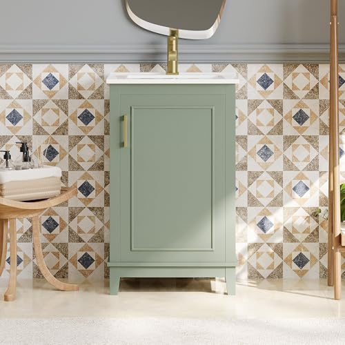 YINFITIN 20 Space-Saving Bathroom Vanity Set, Freestanding Bathroom Cabinet with Soft-Close Door, Pedestal Sink Bathroom Cabinet with Ceramic Basin for Bathrooms, Green