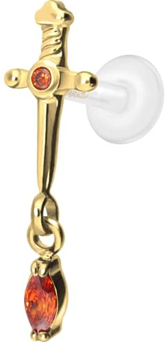 PIERCINGLINE Piercing Stecker PTFE Labret mit Innengewinde + Titan-Aufsatz DOLCH + KRISTALLTROPFEN - Roségoldfarben, Transparent, Schwarz, Goldfarben, Silberfarben